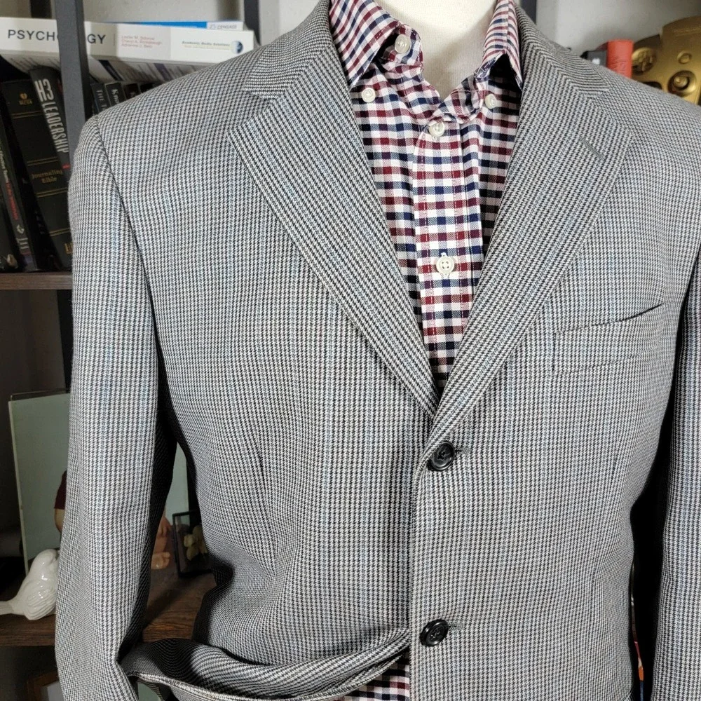 Jones New York Men's Sport Coat Three Button Gray Houndstooth Silk Wool Size 40L